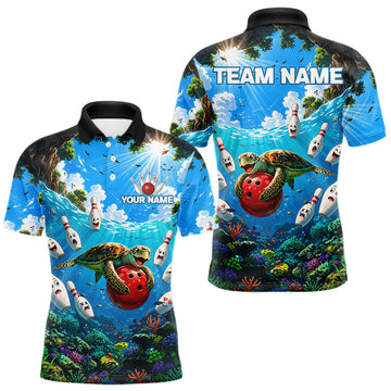 Maxcorners Funny Ocean Turtle Bowling Shirts For Men Custom Funny Polo & 1/4 Zip Bowling Team Jersey LM1406