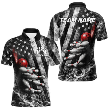 Maxcorners Smoke US Flag Patriotic Bowling Shirt For Men Custom Red Grunge Strike Bowling Team Jerseys