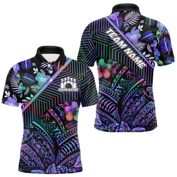 Maxcorners Holographic Rainbow Tribal Pattern Bowling Polo, 1/4 Zip Shirts For Men Custom Team Bowling Jersey