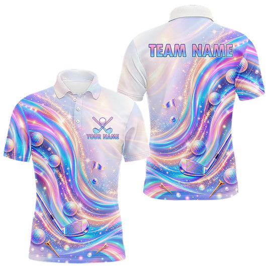 Maxcorners Personalized Golf Polo Shirt For Men Custom Holographic Wave Golf Jersey Colorful Golf Team Uniform