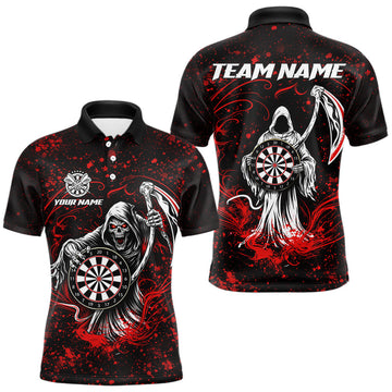 Maxcorners Black & Red Splatter Grim Reaper Hold Dartboard Dart Polo Shirts For Men Custom Dart Team Shirts LM1202