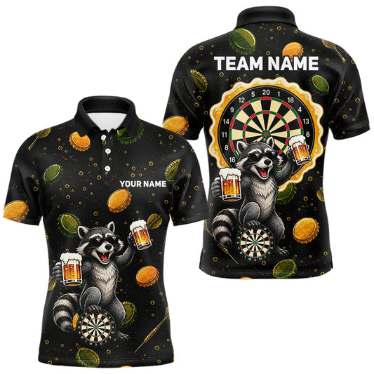 Maxcorners Beer And Raccoon Darts Custom Funny Mens Dart Polo Quarter-Zip Shirt Dart Uniforms Team Jersey