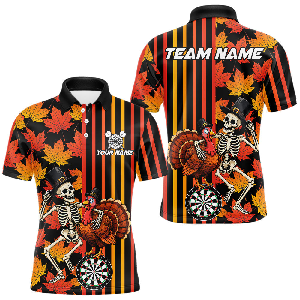 Maxcorners Thanksgiving Darts Team Shirt For Men Custom Skeleton Turkey Dartboard Fall Autumn Leaves Dart Jersey