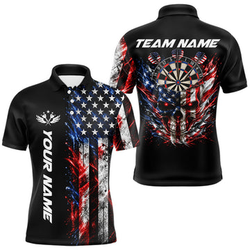 Maxcorners Personalized US Flag Skull Darts Polo 1/4-Zip Shirt For Men Patriotic Darts Team Uniform Jersey