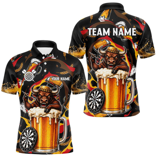 Maxcorners Custom Angry Bull Beer Dart Team Jersey Polo & Quarter Zip Personalized Funny Dart Shirt For Men LM1406