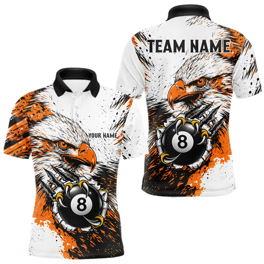 Maxcorners Orange Splatter Eagle 8 Ball Pool Polo Shirt For Men Custom Billiard League Team Jersey With Name