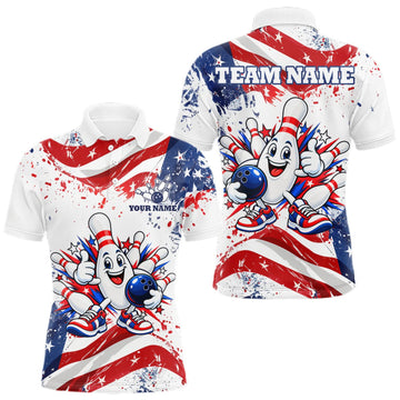Maxcorners Funny Patriotic Bowling Polo 1/4-Zip Shirt For Men Custom Splatter US Flag Bowling Tournament Jersey LM1910