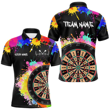 Maxcorners Custom Colorful Splatter Card Dartboard Funny Men Darts Polo Team Shirts Dart Jerseys | Black
