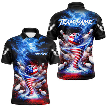 Maxcorners Personalized Fire Flame American Flag Tornado Bowling Team Shirts For Men Patriotic Bowling Gifts LM2602