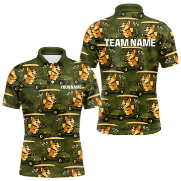 Maxcorners Funny Mens Golf Polo Shirt Custom Brown And Green Golfing Dog Pattern Golf Clothing Shirts