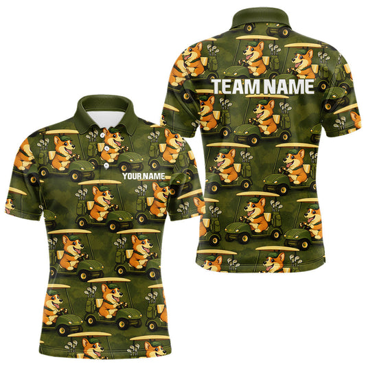 Maxcorners Funny Mens Golf Polo Shirt Custom Brown And Green Golfing Dog Pattern Golf Clothing Shirts