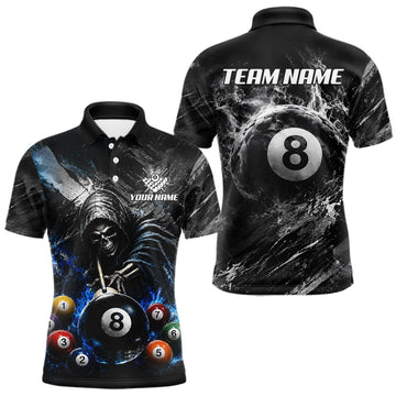 Maxcorners Blue & White Smokes Grim Reaper Billiard Team Shirt Custom Pool 8 Ball Billiard Attire For Men