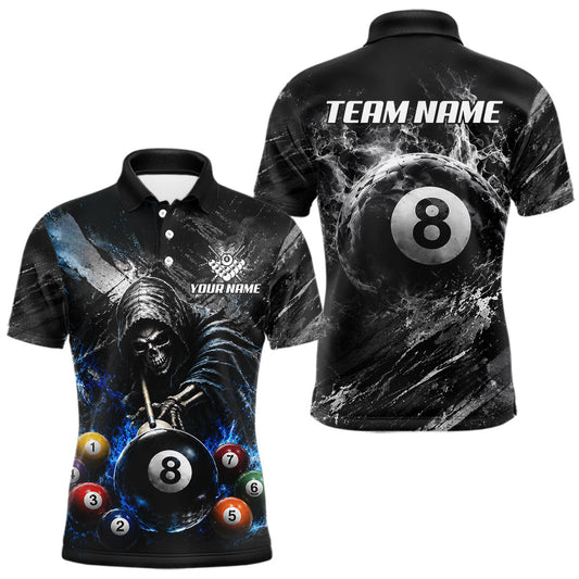 Maxcorners Blue & White Smokes Grim Reaper Billiard Team Shirt Custom Pool 8 Ball Billiard Attire For Men