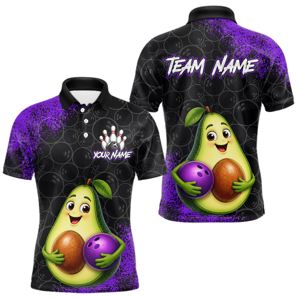 Maxcorners Purple Grunge Bowling Ball Pattern Jersey Custom Funny Avocado Bowling Polo 1/4-Zip Shirt For Men