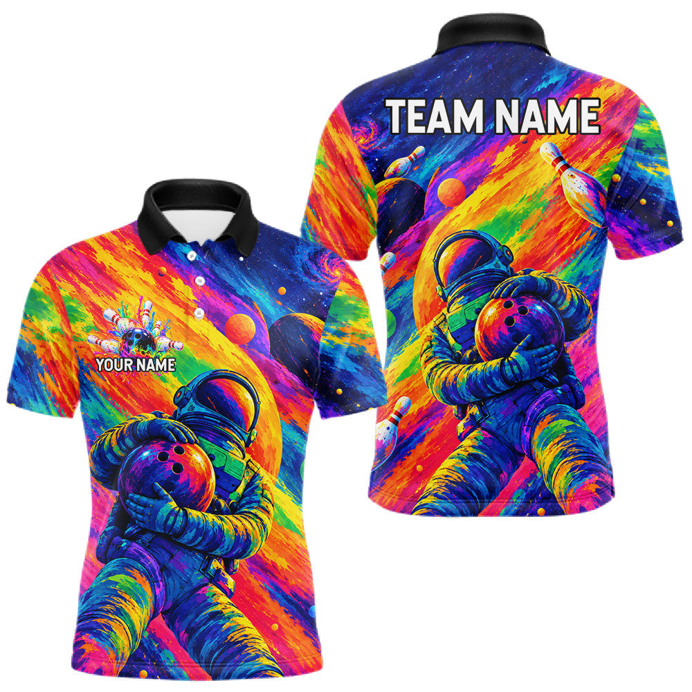 Maxcorners Custom Funny Astronaut Mens Bowling Polo 1/4-Zip Shirt Psychedelic Galaxy Bowler Team Jersey