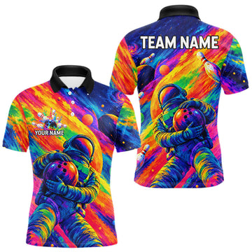 Maxcorners Custom Funny Astronaut Mens Bowling Polo 1/4-Zip Shirt Psychedelic Galaxy Bowler Team Jersey
