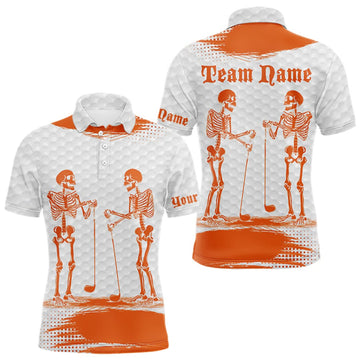 Maxcorners White And Orange Pattern Mens Golf Polo Shirts Custom Funny Skeleton Halloween Mens Golf Apparel LM1910