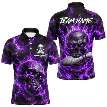 Maxcorners Mens Purple Skull Bowling Shirts Custom Thunder Lightning Bowling Team Jerseys, Bowling Gifts