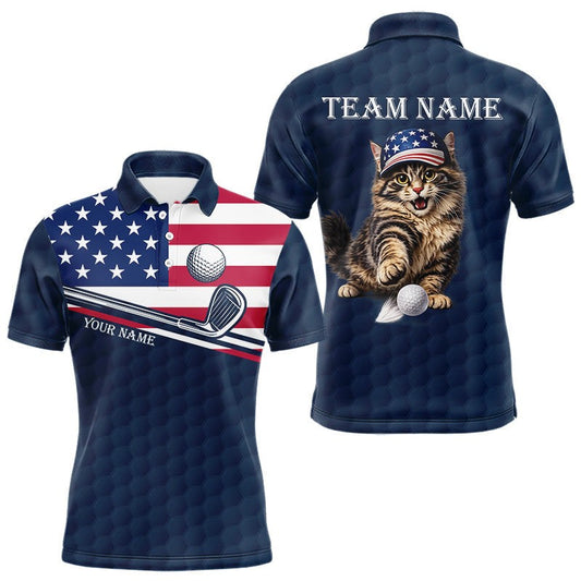 Maxcorners Mens Funny Cat Golf Polo Shirt Custom Name Blue Navy American Flag Men Team Golf Shirts LM2306