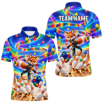 Maxcorners Custom Puzzle Autism Awareness Bowling Polo 1/4-Zip For Men Funny Fox Rainbow Bowling Team Jerseys