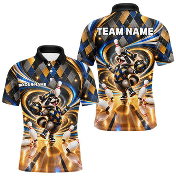 Maxcorners Custom Swirl Argyle Duck Bowling Polo 1/4-Zip Shirt For Men Blue Gold Funny Youth Bowling Team Jerseys