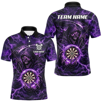 Maxcorners Custom Lightning Grim Reaper Men Darts Polo Quarter-Zip Shirt Purple Thunder Skull Dart Team Jerseys