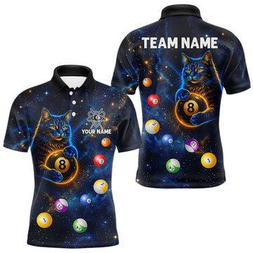 Maxcorners Funny Cat Galaxy Custom 8 Ball Billiard Polo & 1/4-Zip Shirt For Men Blue Billiard Team Jersey LM2704