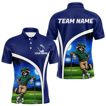 Maxcorners Funny Raccoon Moonlit Golf Course Mens Golf Shirts Upf Golf Shirts Custom Blue Golf Apparel LM2405