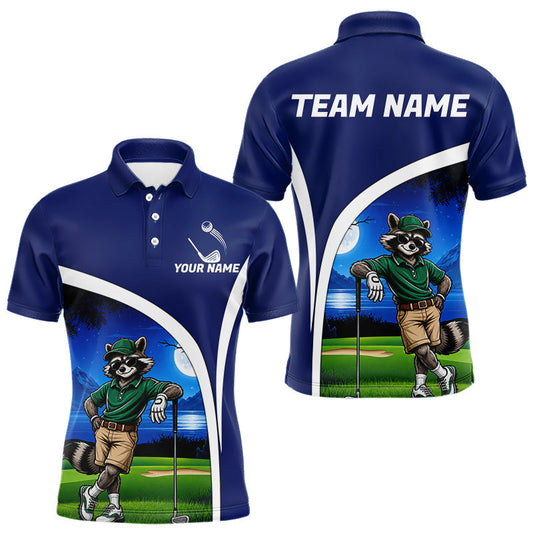 Maxcorners Funny Raccoon Moonlit Golf Course Mens Golf Shirts Upf Golf Shirts Custom Blue Golf Apparel LM2405