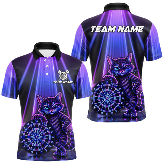 Maxcorners Custom Neon Purple and Blue Funny Cat Dart Shirt for Men, Dart Tournament Team Jersey