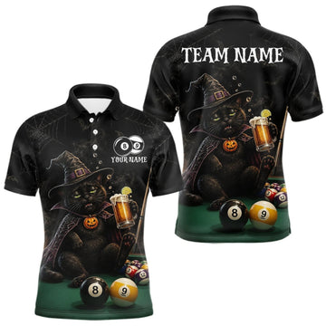 Maxcorners Personalized Funny Cat 8 Ball & 9 Ball Pool Halloween Men Billiard Shirt Custom Pumpkin Billiard Jersey LM0409