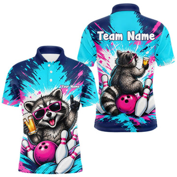 Maxcorners Funny Raccoon Bowling Polo 1/4-Zip Shirt For Men Pink Blue Splatter Raccoon Beer Bowling Team League LM2709