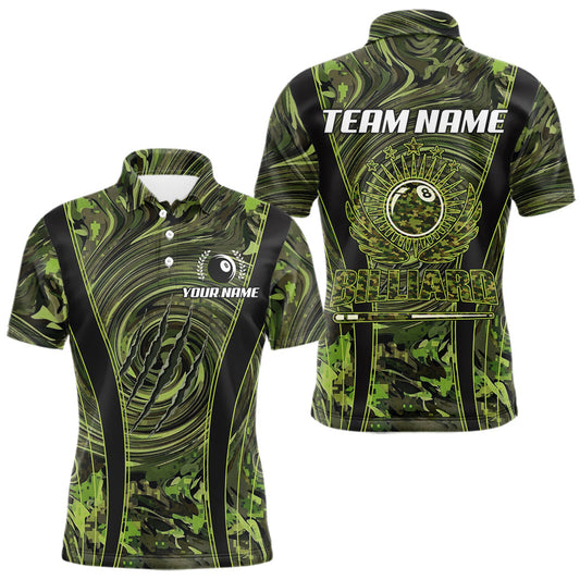 Maxcorners Green Camo 8 Ball Billiard Polo & 1/4 Zip Shirt For Men Custom Pool Team Shirt, Billiard Clothes
