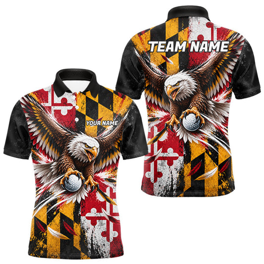 Maxcorners Personalized Patriotic Eagle Men Golf Polo Shirt Custom Name Maryland Flag Golfer Team Jersey