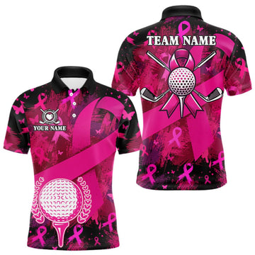 Maxcorners Mens Breast Cancer Golf Polo Shirt Custom Name Pink Ribbon Golf Team Golf Tournament Apparel LM2709