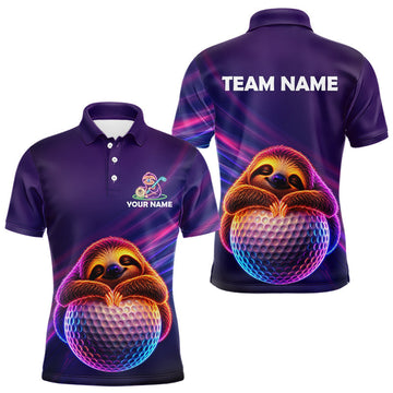 Maxcorners Mens Funny Golf Polo Shirts Custom Cute Sloth Purple Neon Light Golf Team Outfit, Golf Gifts