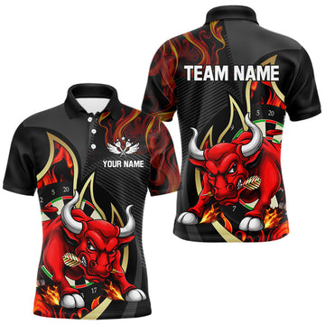 Maxcorners Personalized Bull Red Flames Darts Polo & 1/4-Zip Shirt For Men Funny Dart Team Dart Jerseys LM2704