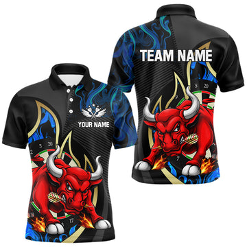 Maxcorners Personalized Bull Blue Flames Darts Polo & 1/4-Zip Shirt For Men Funny Dart Team Dart Jerseys LM2704