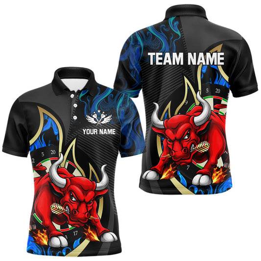 Maxcorners Personalized Bull Blue Flames Darts Polo & 1/4-Zip Shirt For Men Funny Dart Team Dart Jerseys LM2704