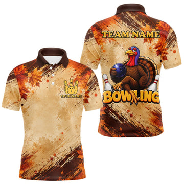 Maxcorners Turkey Bowling Shirt For Men, Custom Grunge Maple Leaves Funny Thanksgiving Turkey Bowler Team Gifts LM0409