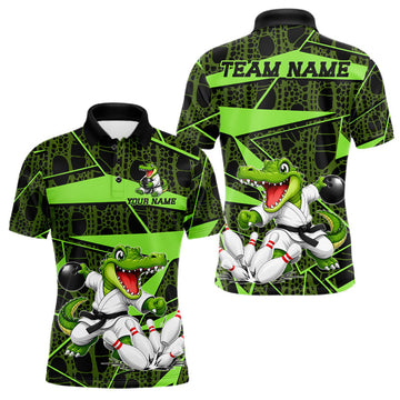 Maxcorners Funny Crocodile Mens Bowling Shirt Custom Green Skin Crocodile Polo Quarter-Zip Bowling Team Attire
