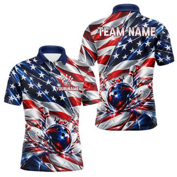 Maxcorners US Flag Broken Glass Bowling Shirt For Men Custom Strike Patriotic Bowling Tournament Team Jersey LM0510