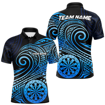 Maxcorners Black Blue Tribal Pattern Men Darts Polo & 1/4 Zip Shirt Personalized Tribal Dart Team Appeal LM0404