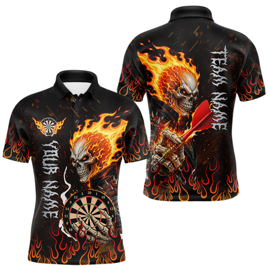 Maxcorners Custom Red Flames Skull Darts Polo 1/4 Zip Shirts For Men, Skeleton Dart Team Tournament Jerseys LM0607