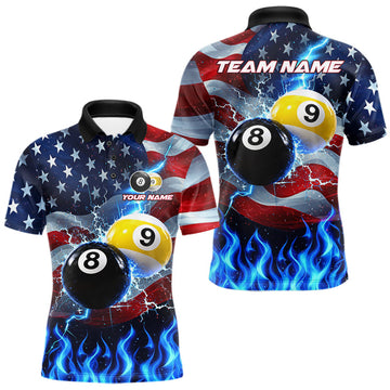 Maxcorners Custom 8 Ball 9 Ball Pool Billiards Polo 1/4-Zip Shirt For Men Blue Flames Thunder US Flag Billiard Jersey
