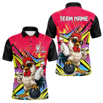 Maxcorners Custom Funny Rooster Strike Bowling Jersey For Men Bowling Shirt Polo & 1/4 Zip Bowling Team Shirt LM0409