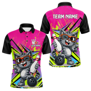 Maxcorners Custom Funny Tabby Cat Strike Bowling Jersey For Men Bowling Shirt Polo & 1/4 Zip Bowling Team Shirt LM0409