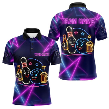 Maxcorners Custom Purple & Blue Neon Light Bowling Ball & Pin Shirts For Men Funny Drunk Bowling Team Jerseys LM0409
