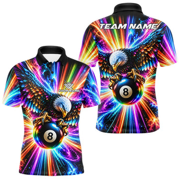 Maxcorners Personalized Eagle 8-Ball Pool Billiard Shirt For Men Neon Rainbow Eagle Billiard Team Uniform Jersey