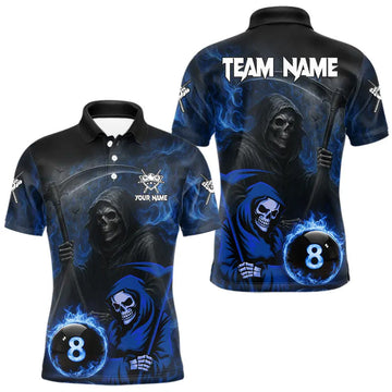 Maxcorners Blue Flames 8 Ball Pool Billiard Team Shirt For Men Custom Grim Reaper Billiard Balls Jerseys LM0901